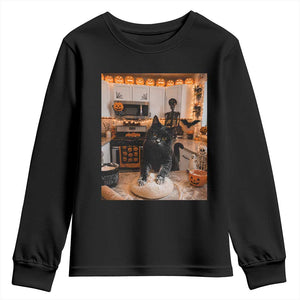 Black Cat Making Biscuits Youth Sweatshirt Spooky Halloween Kitchen Flour Kneading Graphic