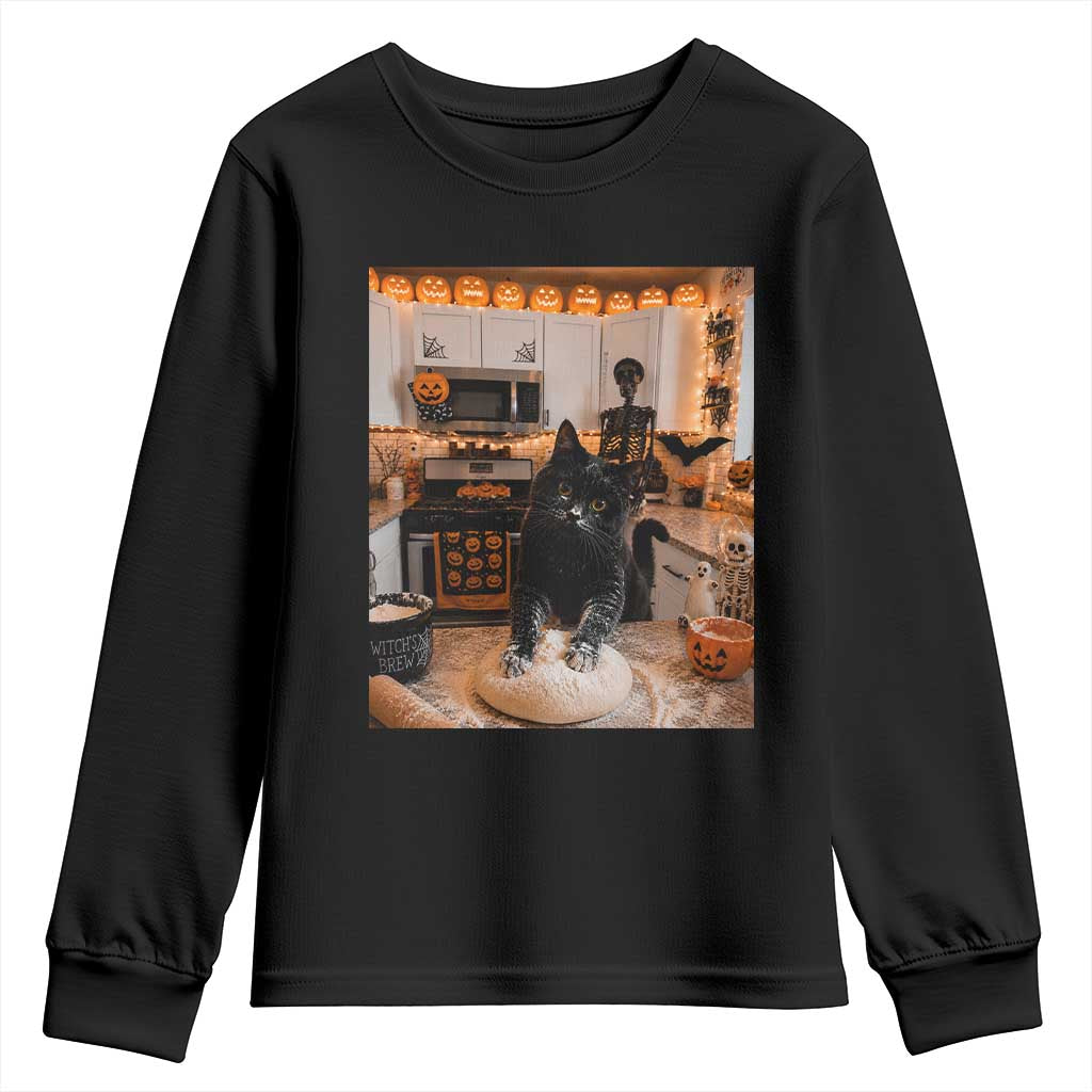Black Cat Making Biscuits Youth Sweatshirt Spooky Halloween Kitchen Flour Kneading Graphic