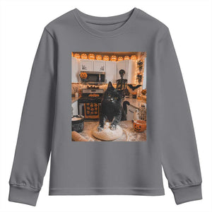Black Cat Making Biscuits Youth Sweatshirt Spooky Halloween Kitchen Flour Kneading Graphic