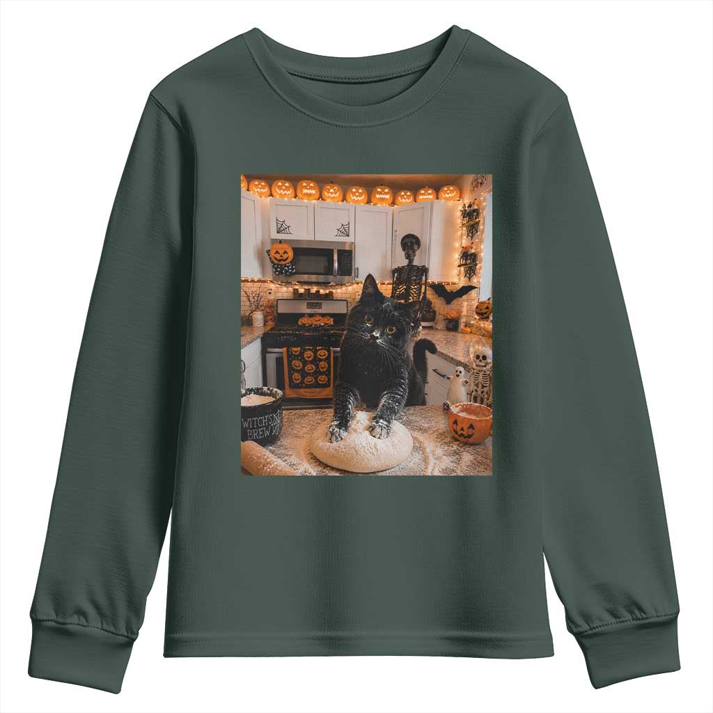 Black Cat Making Biscuits Youth Sweatshirt Spooky Halloween Kitchen Flour Kneading Graphic