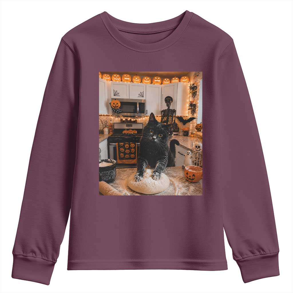 Black Cat Making Biscuits Youth Sweatshirt Spooky Halloween Kitchen Flour Kneading Graphic