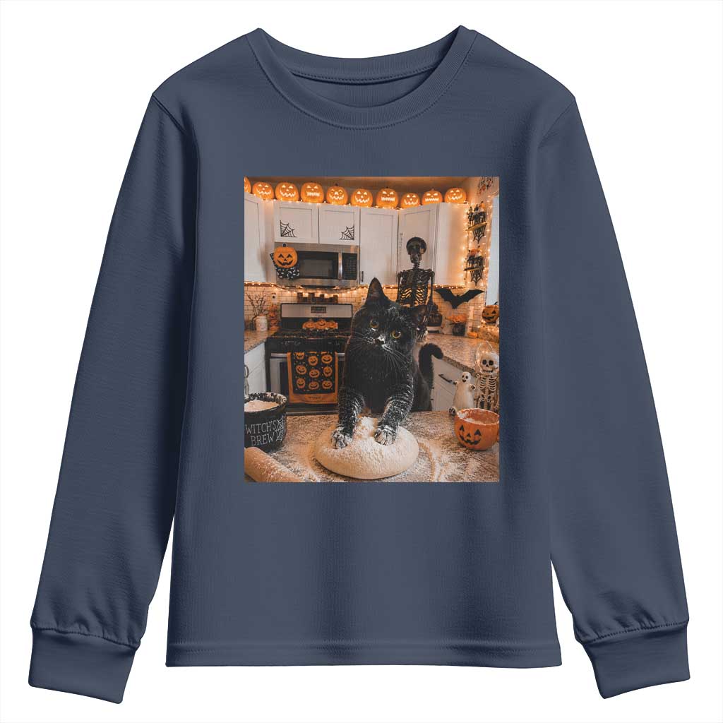 Black Cat Making Biscuits Youth Sweatshirt Spooky Halloween Kitchen Flour Kneading Graphic