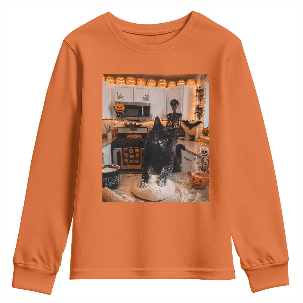 Black Cat Making Biscuits Youth Sweatshirt Spooky Halloween Kitchen Flour Kneading Graphic