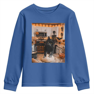 Black Cat Making Biscuits Youth Sweatshirt Spooky Halloween Kitchen Flour Kneading Graphic