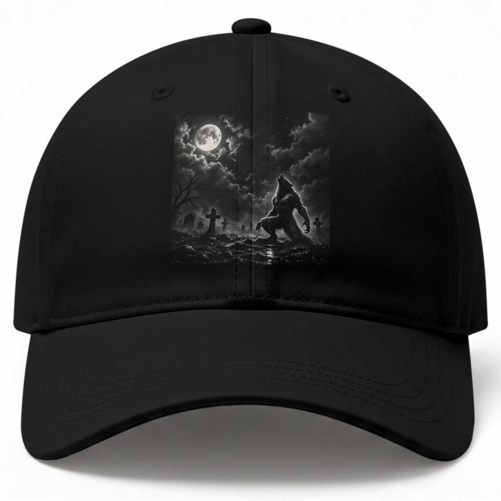 Vintage Howling Werewolf Full Moon Baseball Cap Gothic Horror Spooky Graveyard Halloween Concept