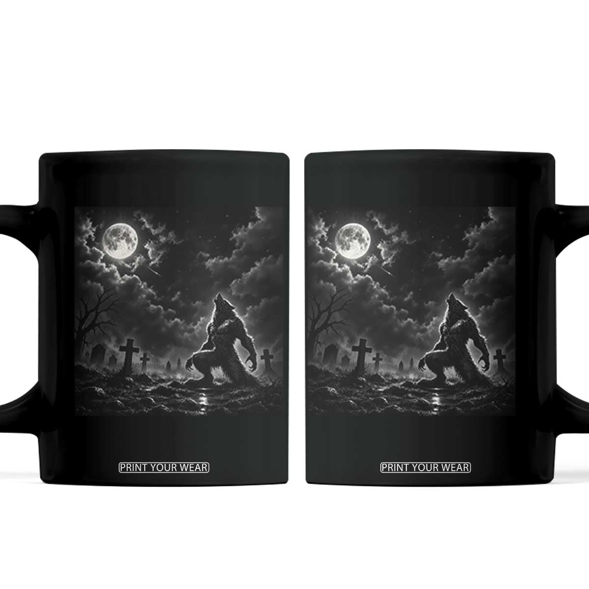 Vintage Howling Werewolf Full Moon Coffee Mug Gothic Horror Spooky Graveyard Halloween Concept