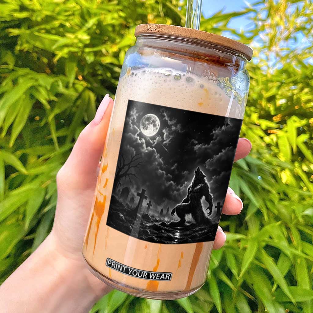 Vintage Howling Werewolf Full Moon Glass Can Gothic Horror Spooky Graveyard Halloween Concept