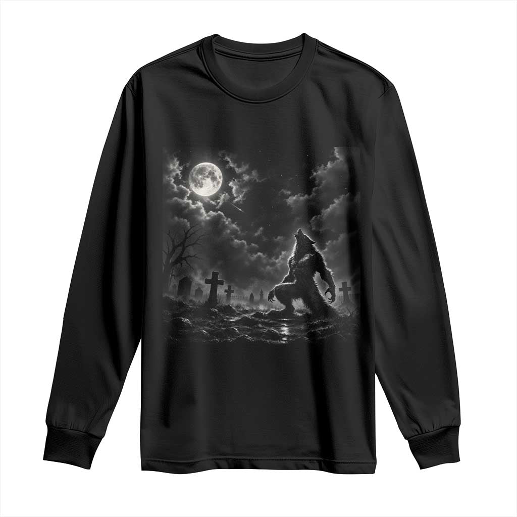 Vintage Howling Werewolf Full Moon Long Sleeve Shirt Gothic Horror Spooky Graveyard Halloween Concept