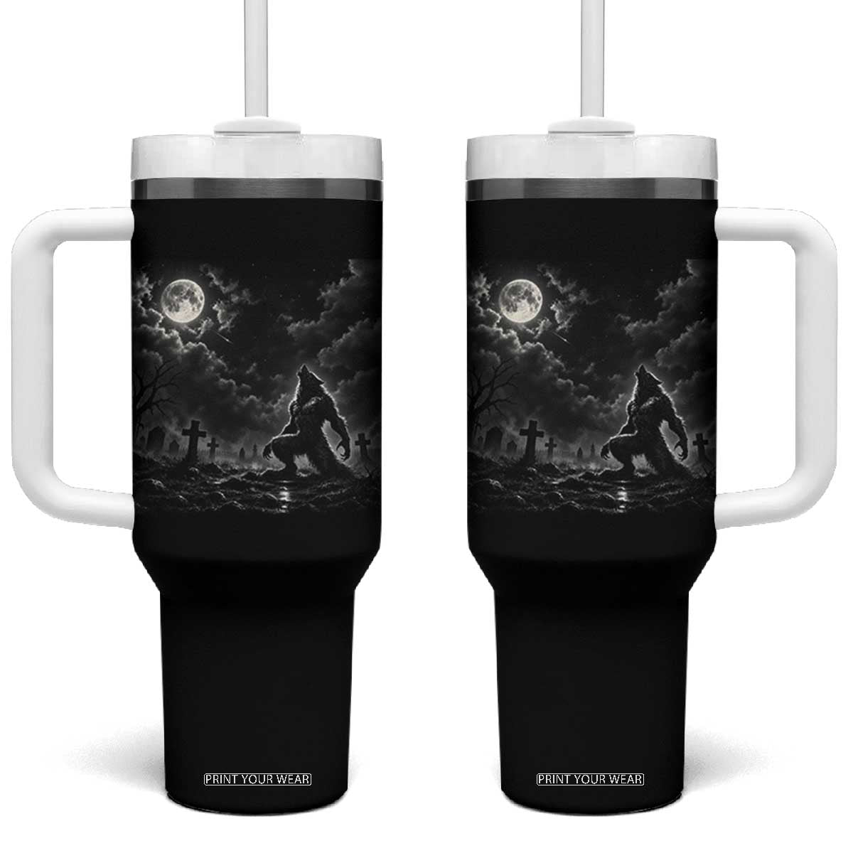 Vintage Howling Werewolf Full Moon Tumbler With Handle Gothic Horror Spooky Graveyard Halloween Concept