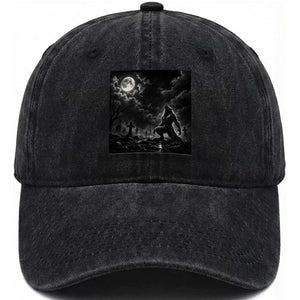 Vintage Howling Werewolf Full Moon Washed Cotton Baseball Cap Gothic Horror Spooky Graveyard Halloween Concept