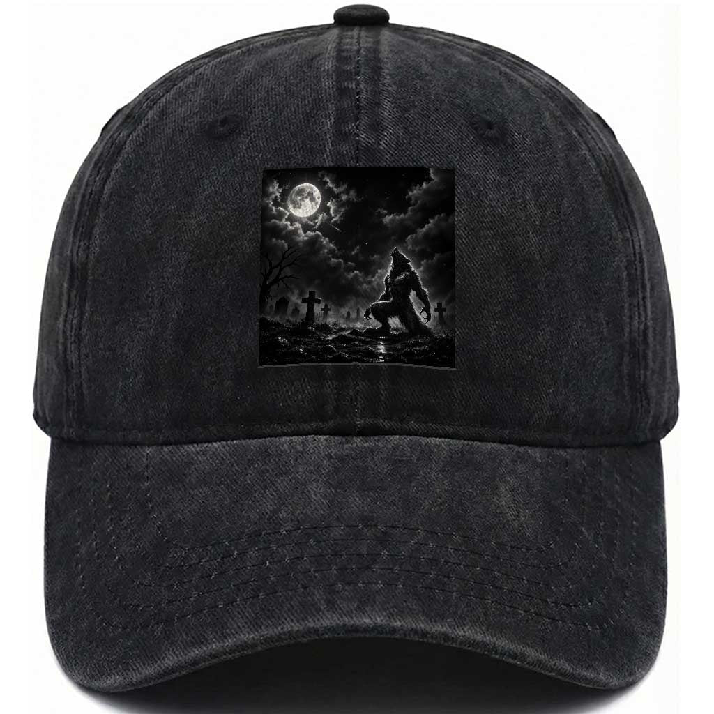 Vintage Howling Werewolf Full Moon Washed Cotton Baseball Cap Gothic Horror Spooky Graveyard Halloween Concept