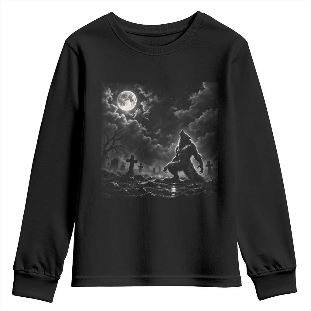 Vintage Howling Werewolf Full Moon Youth Sweatshirt Gothic Horror Spooky Graveyard Halloween Concept