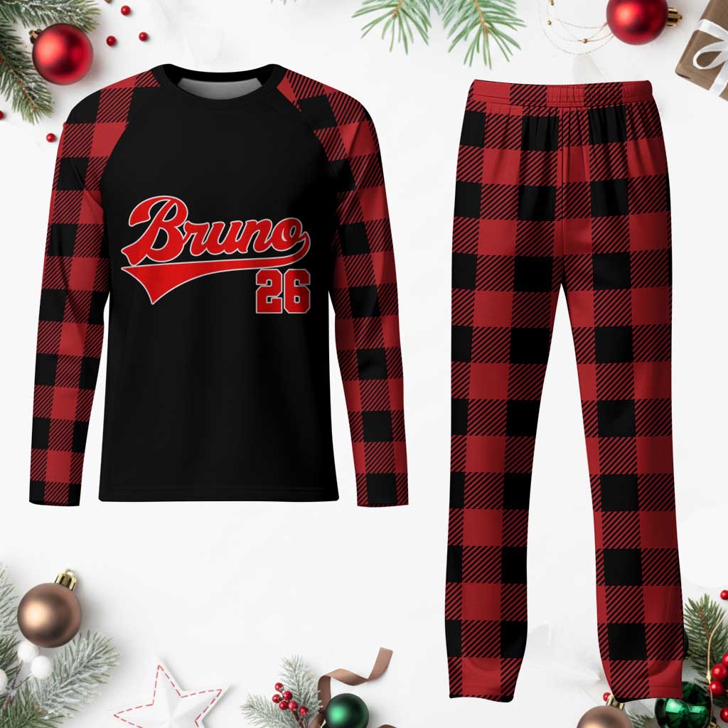 Vintage Bruno Name Classic Gifts Plaid Pajama Set Retro Script Athletic Number Aesthetic