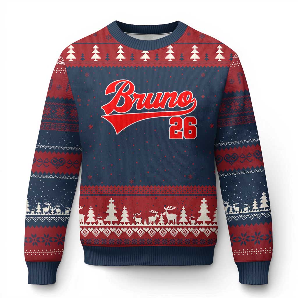 Vintage Bruno Name Classic Gifts Ugly Christmas Sweater Retro Script Athletic Number Aesthetic