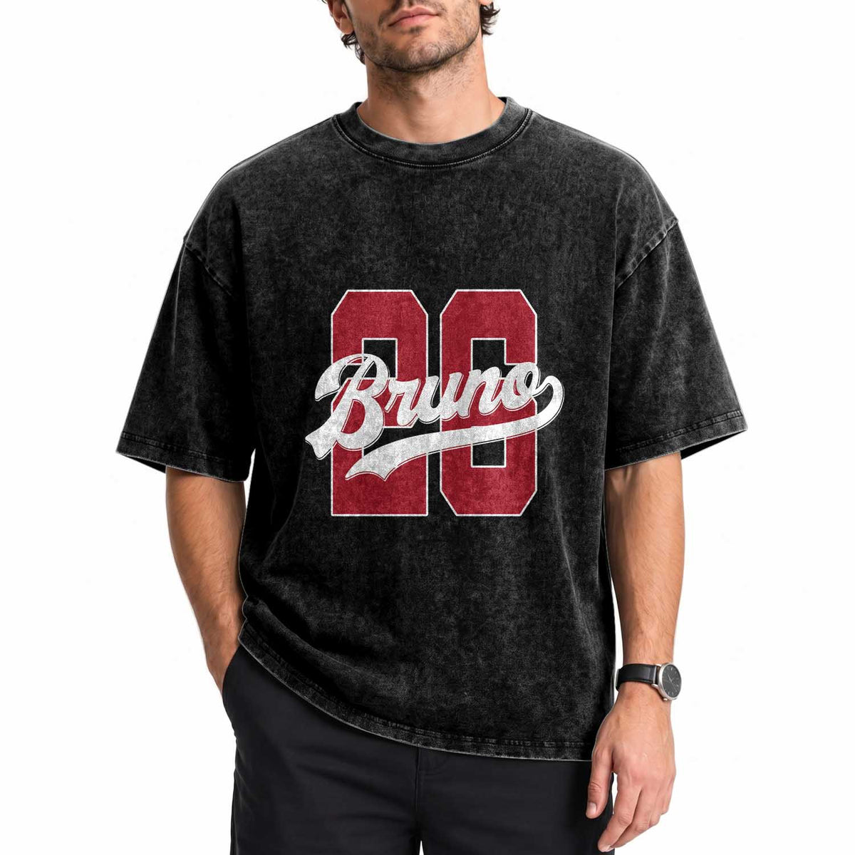 Retro Bruno Baseball Script Washed Cotton T-Shirt Vintage Athletic Varsity Number Graphic