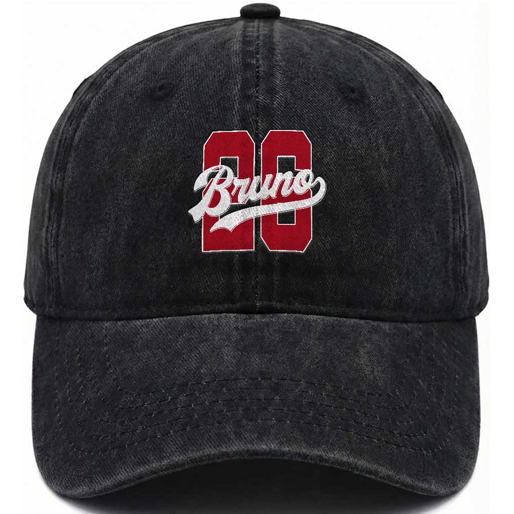 Retro Bruno Baseball Script Washed Cotton Baseball Cap Vintage Athletic Varsity Number Graphic