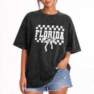 Florida Game Day Checkerboard Bow Coquette Washed Cotton T-Shirt Retro State Pride Aesthetic