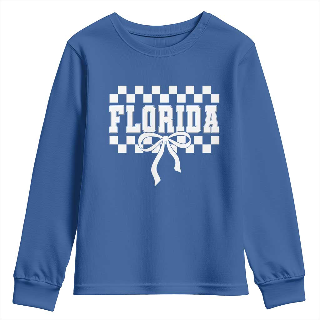 Florida Game Day Checkerboard Bow Coquette Youth Sweatshirt Retro State Pride Aesthetic