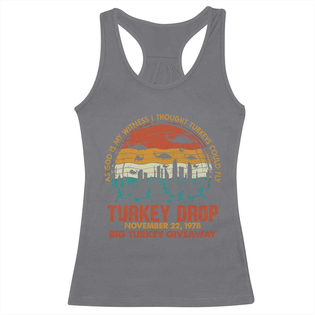 WKRP Turkey Drop Racerback Tank Top Funny Thanksgiving Day First Annual WKRP TS10 Charcoal Print Your Wear