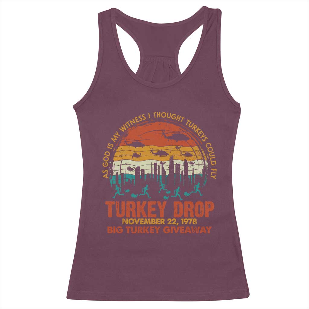 WKRP Turkey Drop Racerback Tank Top Funny Thanksgiving Day First Annual WKRP TS10 Maroon Print Your Wear