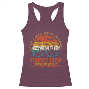 WKRP Turkey Drop Racerback Tank Top Funny Thanksgiving Day First Annual WKRP TS10 Maroon Print Your Wear