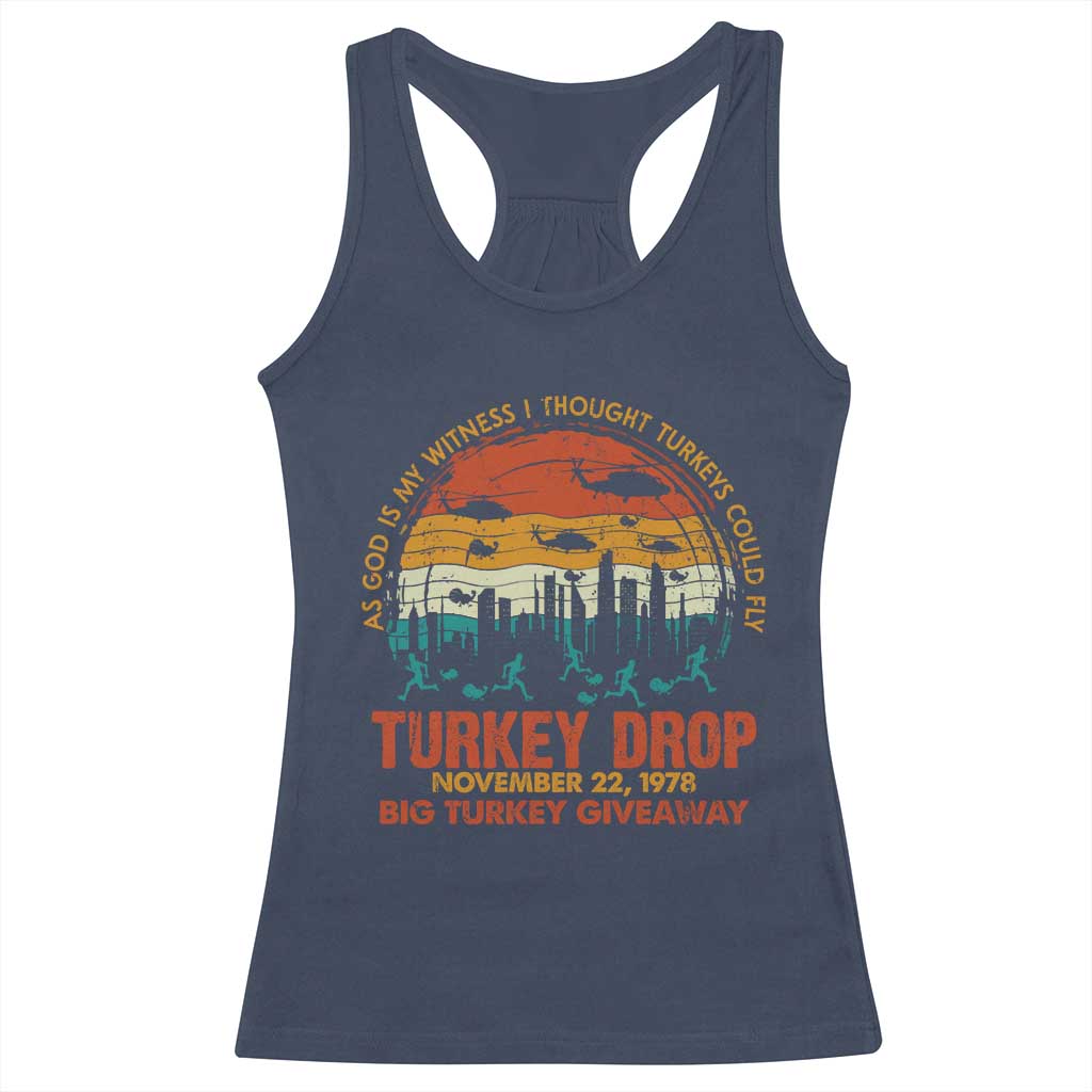 WKRP Turkey Drop Racerback Tank Top Funny Thanksgiving Day First Annual WKRP TS10 Navy Print Your Wear
