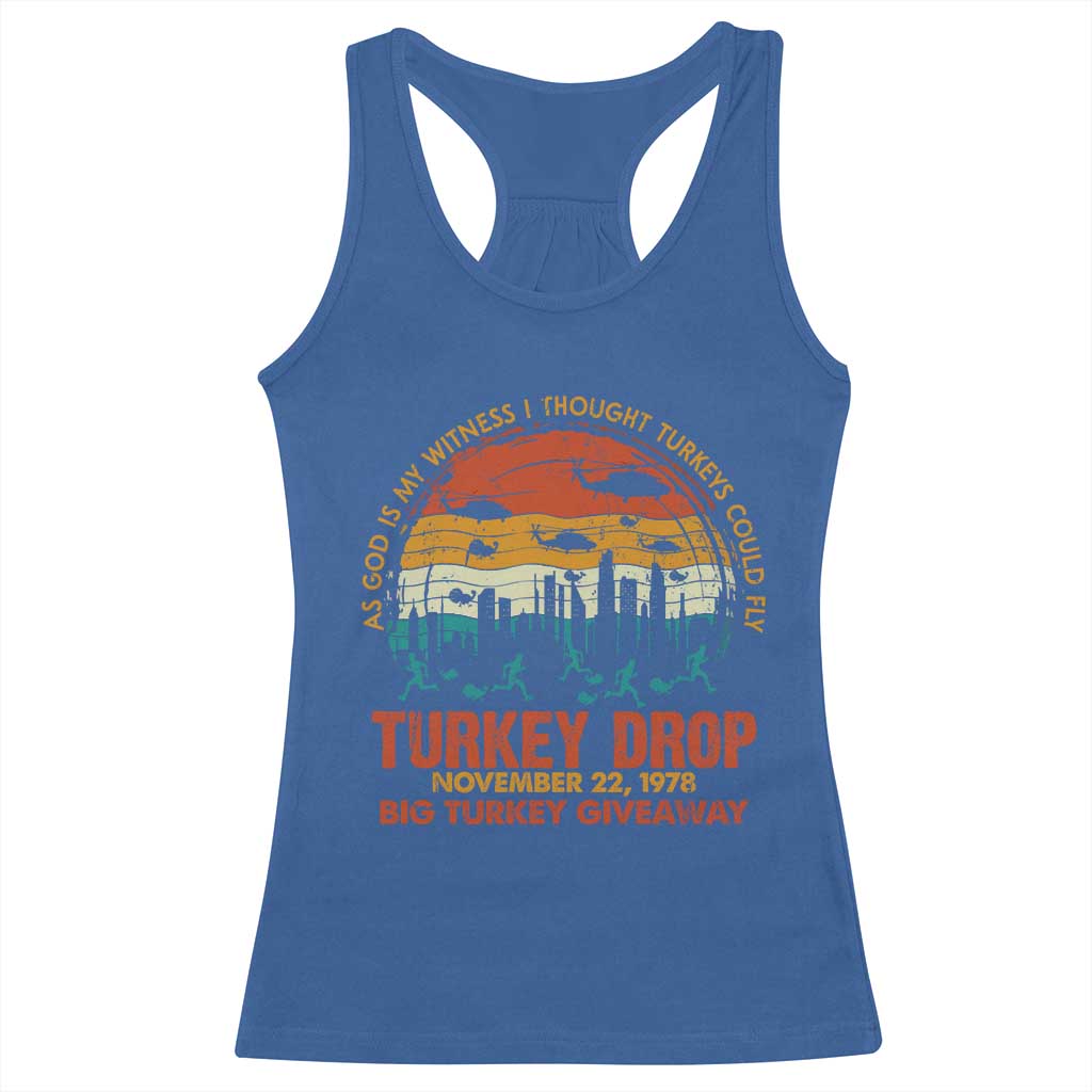 WKRP Turkey Drop Racerback Tank Top Funny Thanksgiving Day First Annual WKRP TS10 Royal Blue Print Your Wear