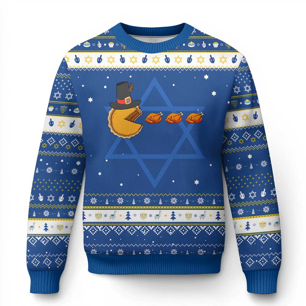 Thanksgiving Video Game Hanukkah Ugly Sweater Pumpkin Pie Eating Turkey Gamer Patch Day TS10 Blue White Print Your Wear