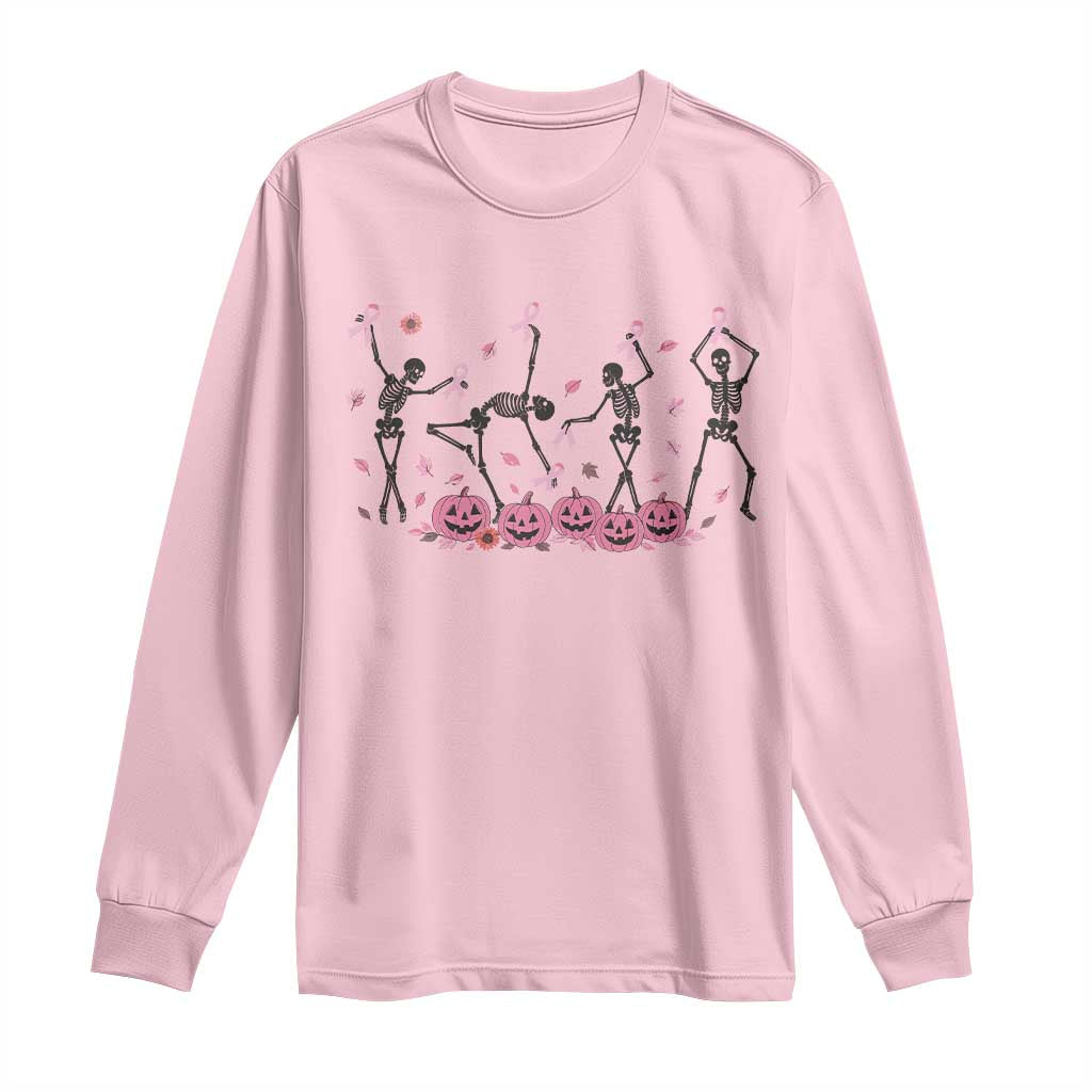 Dancing Skeletons Breast Cancer Long Sleeve Shirt Skeleton Pink Ribbon Halloween TS10 Light Pink Print Your Wear