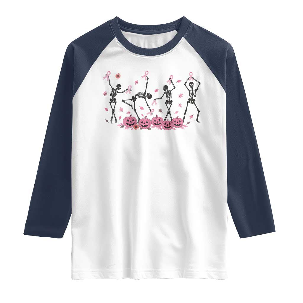 Dancing Skeletons Breast Cancer Raglan Shirt Skeleton Pink Ribbon Halloween TS10 White Navy Print Your Wear