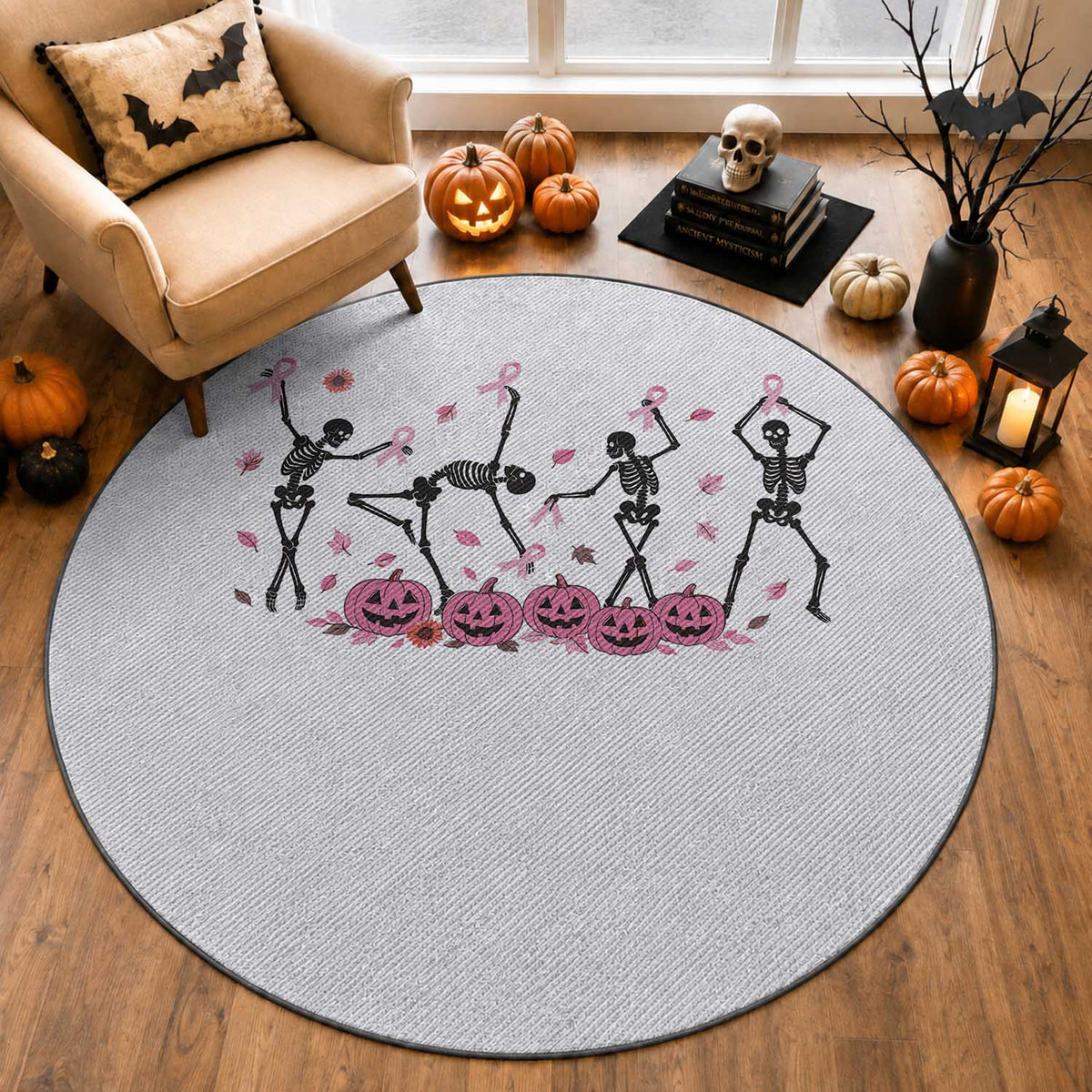 Dancing Skeletons Breast Cancer Round Rug Skeleton Pink Ribbon Halloween