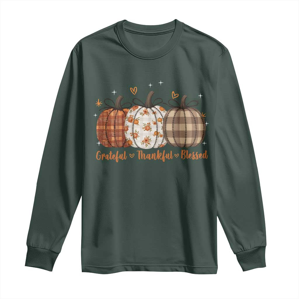 Grateful Thankful Blessed Pumpkin Long Sleeve Shirt Hello Thanksgiving Cozy Fall Autumn Rustic TS10 Dark Forest Green Print Your Wear