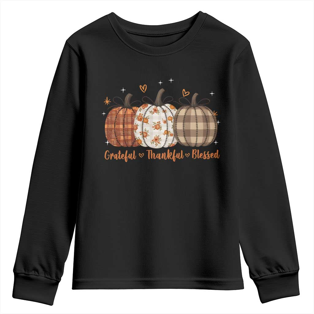 Grateful Thankful Blessed Pumpkin Youth Sweatshirt Hello Thanksgiving Cozy Fall Autumn Rustic TS10 Black Print Your Wear