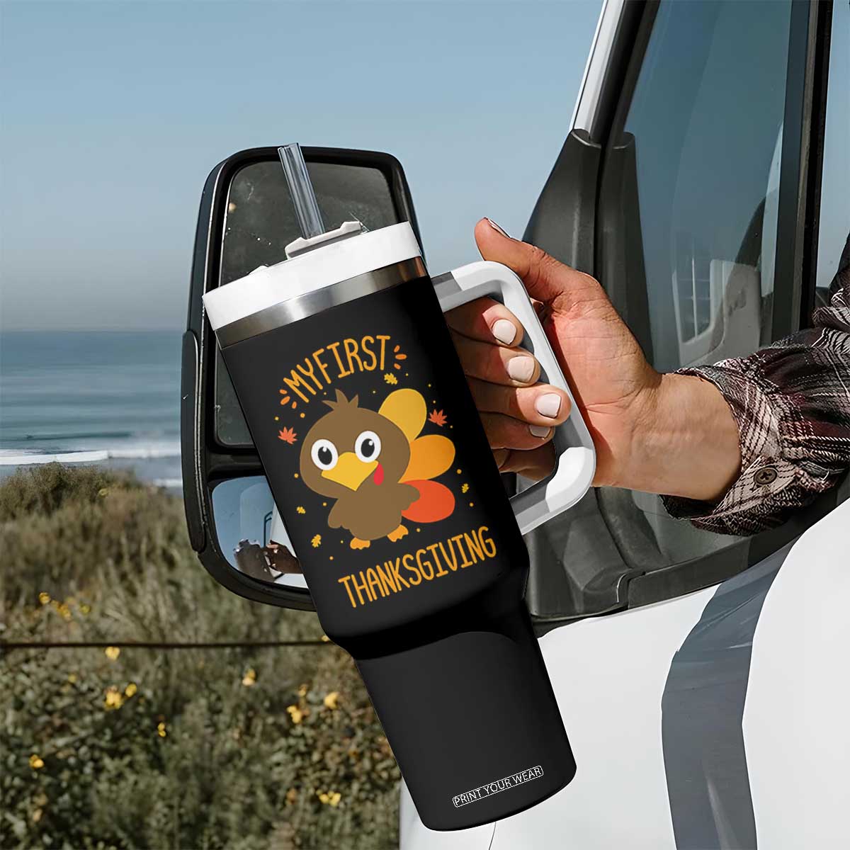 My First Thanksgiving Tumbler With Handle Funny Thanksgiving Turkey TS10 Print Your Wear