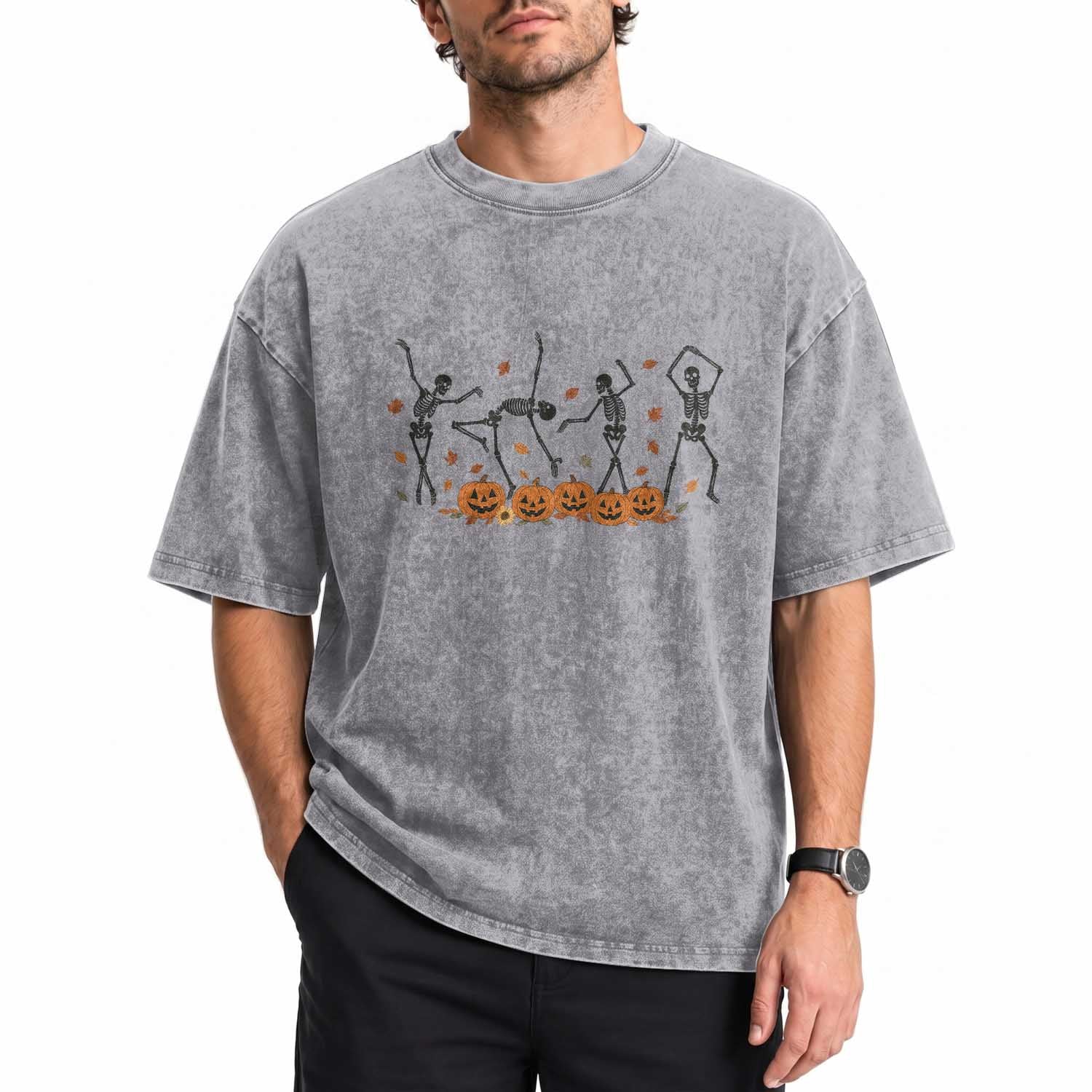 Dancing Skeleton Washed Cotton T-Shirt Retro Halloween Party Pumpkin Fall Season TS10 Print Your Wear