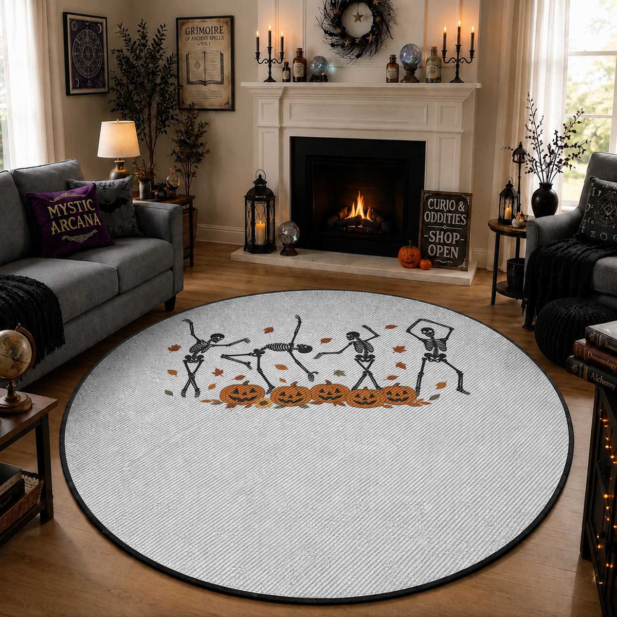 Dancing Skeleton Round Rug Retro Halloween Party Pumpkin Fall Season