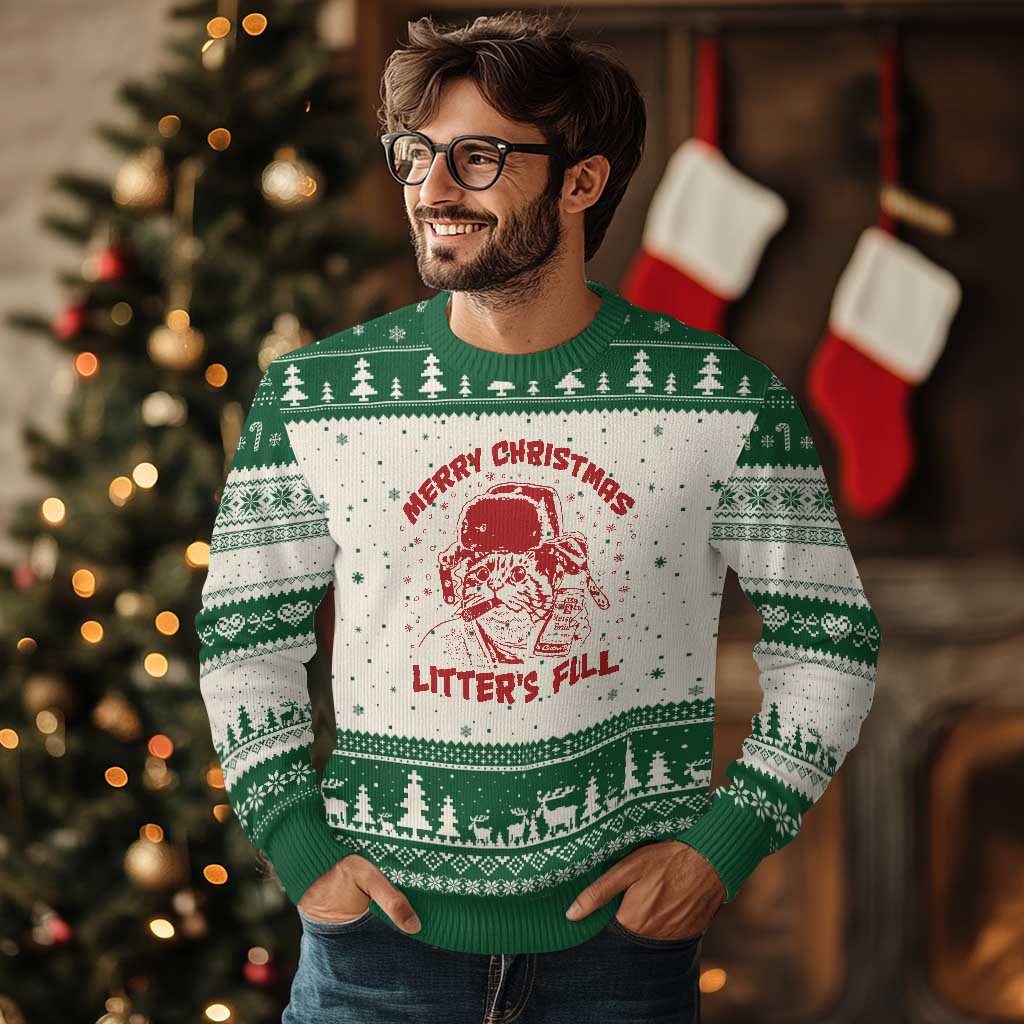 Litters Full Ugly Christmas Sweater Funny Cat Xmas Vacation TS10 Beige Green Print Your Wear