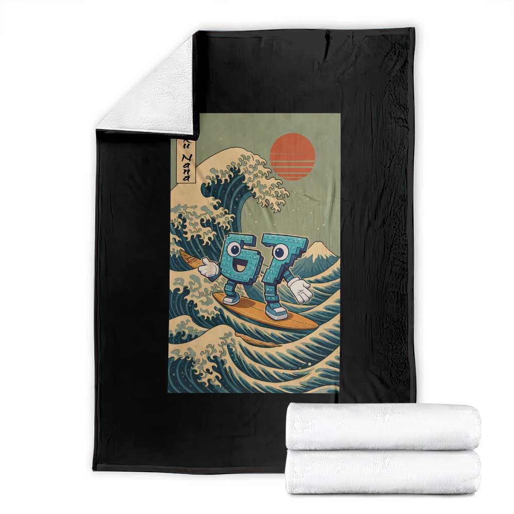 67 Surfing Japanese Throw Blanket Funny Great Wave Off Kanagawa Six Seven Brainrot Meme TS10 Black Print Your Wear