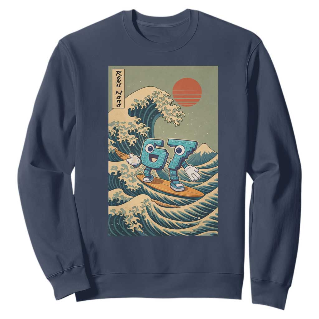 67 Surfing Japanese Sweatshirt Funny Great Wave Off Kanagawa Six Seven Brainrot Meme TS10 Navy Print Your Wear