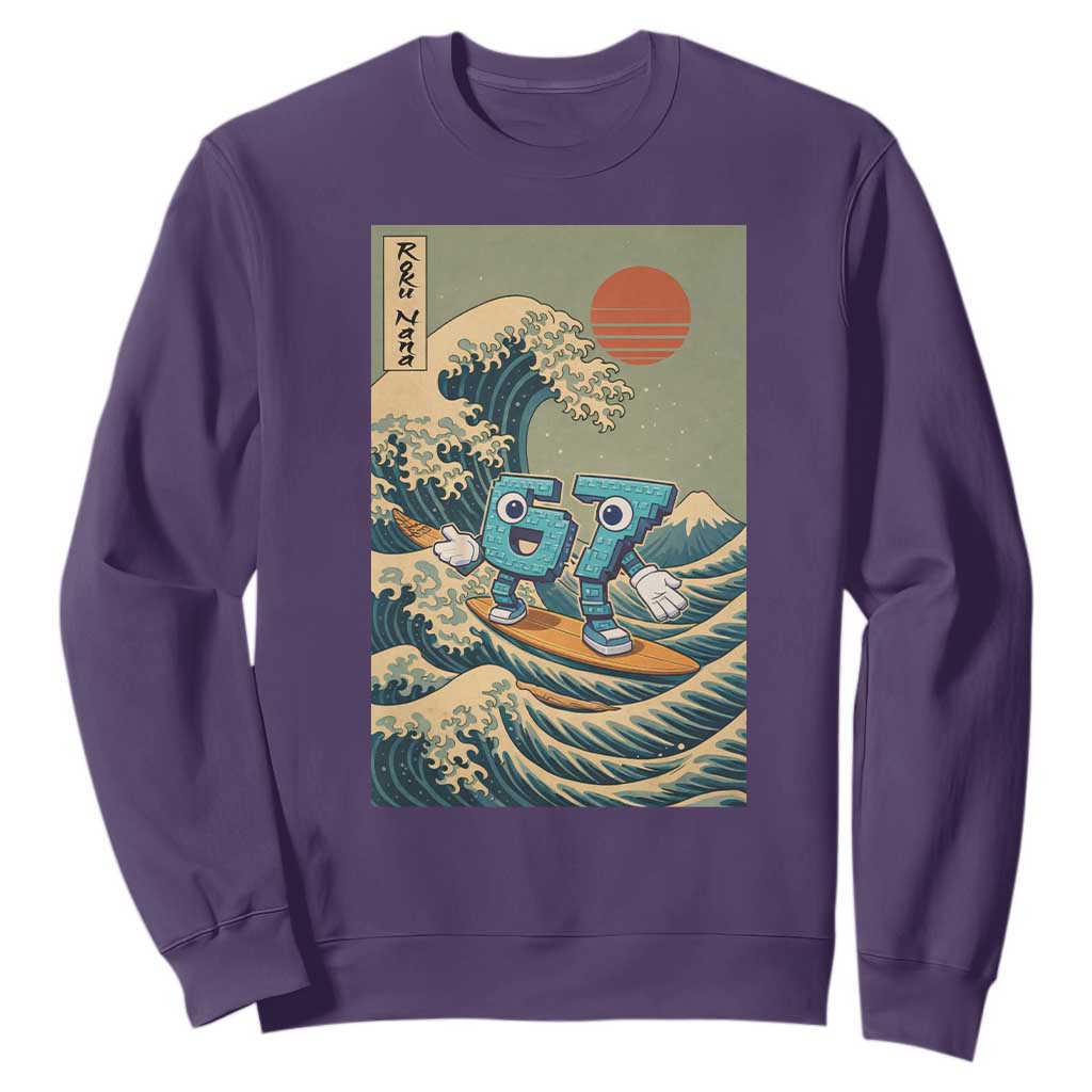 67 Surfing Japanese Sweatshirt Funny Great Wave Off Kanagawa Six Seven Brainrot Meme TS10 Purple Print Your Wear