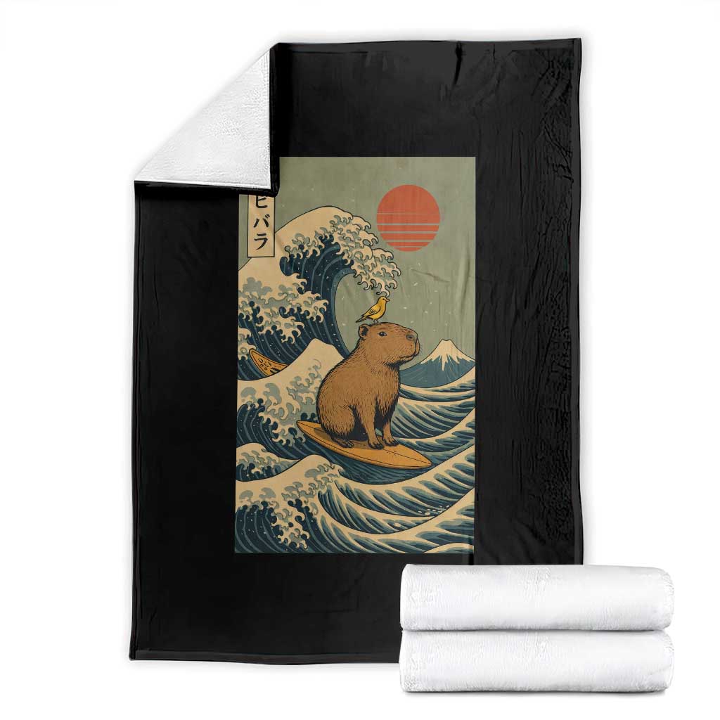 Capybara Surfing Japanese Throw Blanket Vintage Great Wave Off Kanagawa Anime Kawaii TS10 Black Print Your Wear