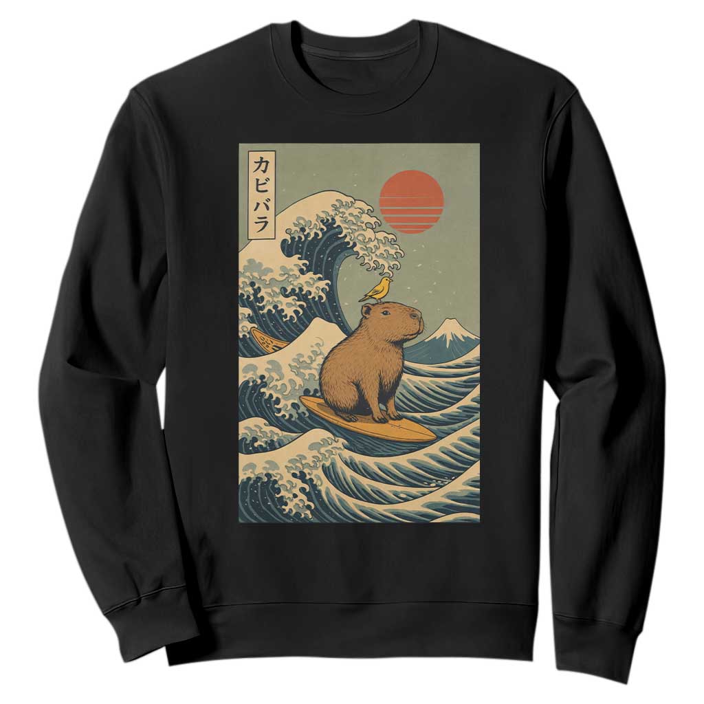 Capybara Surfing Japanese Sweatshirt Vintage Great Wave Off Kanagawa Anime Kawaii TS10 Black Print Your Wear