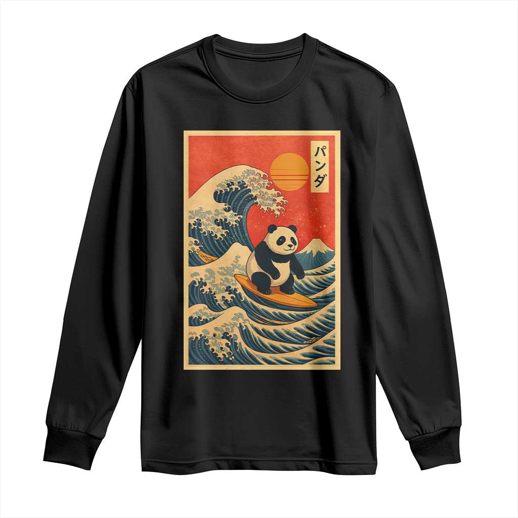 Panda Surfing Japanese Long Sleeve Shirt Vintage Great Wave Off Kanagawa Anime Kawaii TS10 Black Print Your Wear
