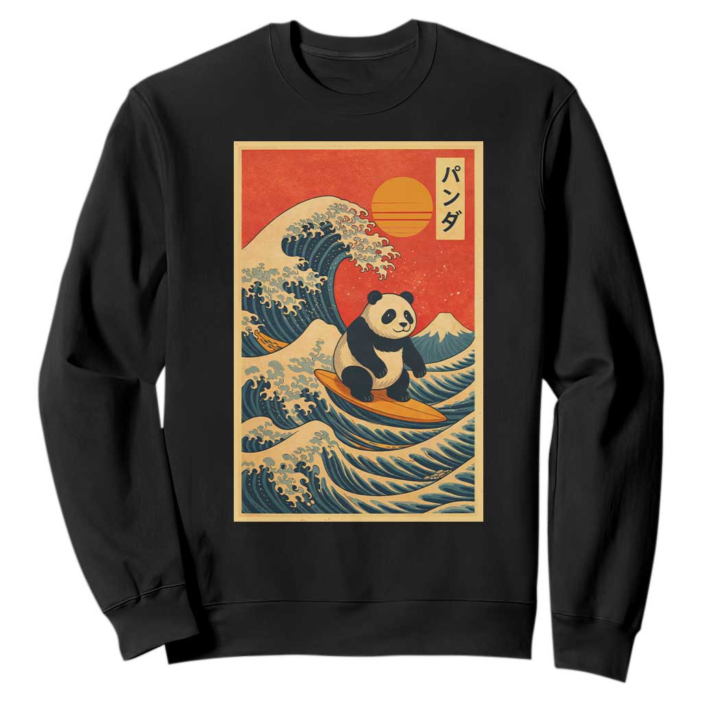Panda Surfing Japanese Sweatshirt Vintage Great Wave Off Kanagawa Anime Kawaii TS10 Black Print Your Wear
