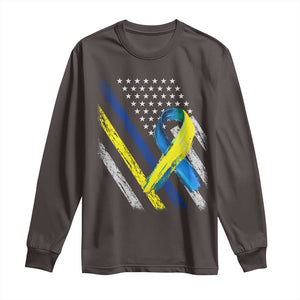 World Down Syndrome Day Long Sleeve Shirt Blue Yellow Ribbon American Flag T21 321 TS10 Dark Chocolate Print Your Wear