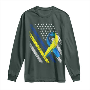 World Down Syndrome Day Long Sleeve Shirt Blue Yellow Ribbon American Flag T21 321 TS10 Dark Forest Green Print Your Wear