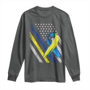 World Down Syndrome Day Long Sleeve Shirt Blue Yellow Ribbon American Flag T21 321 TS10 Dark Heather Print Your Wear