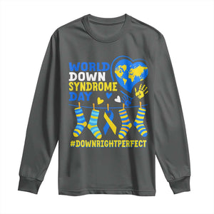 World Down Syndrome Day Long Sleeve Shirt Blue Yellow Ribbon Down Right Perfect Awareness Support TS10 Dark Heather Print Your Wear