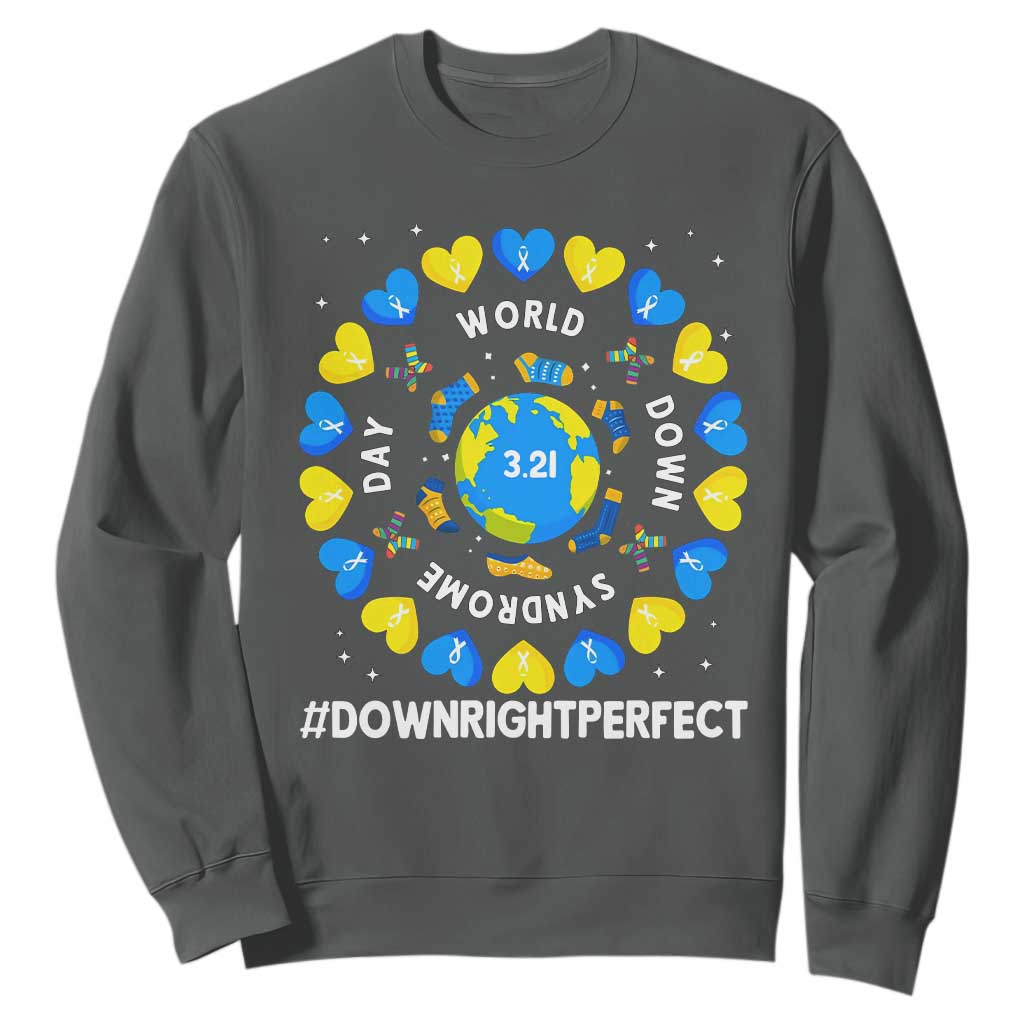 World Down Syndrome Day Sweatshirt 321 Awareness Support Blue Yellow Ribbon Down Right Perfect TS10 Dark Heather Print Your Wear