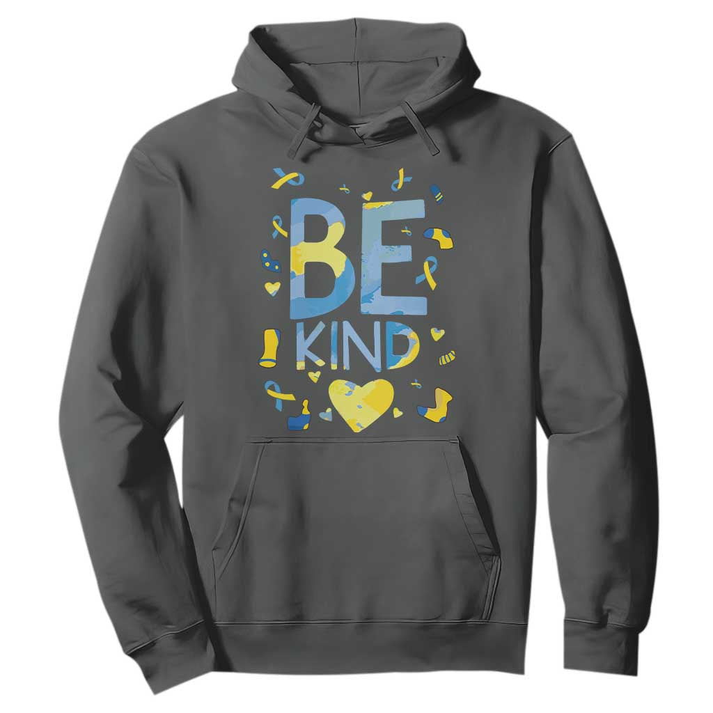 World Down Syndrome Day Hoodie Awareness Support Blue Yellow Ribbon Be Nice Kind TS10 Dark Heather Print Your Wear